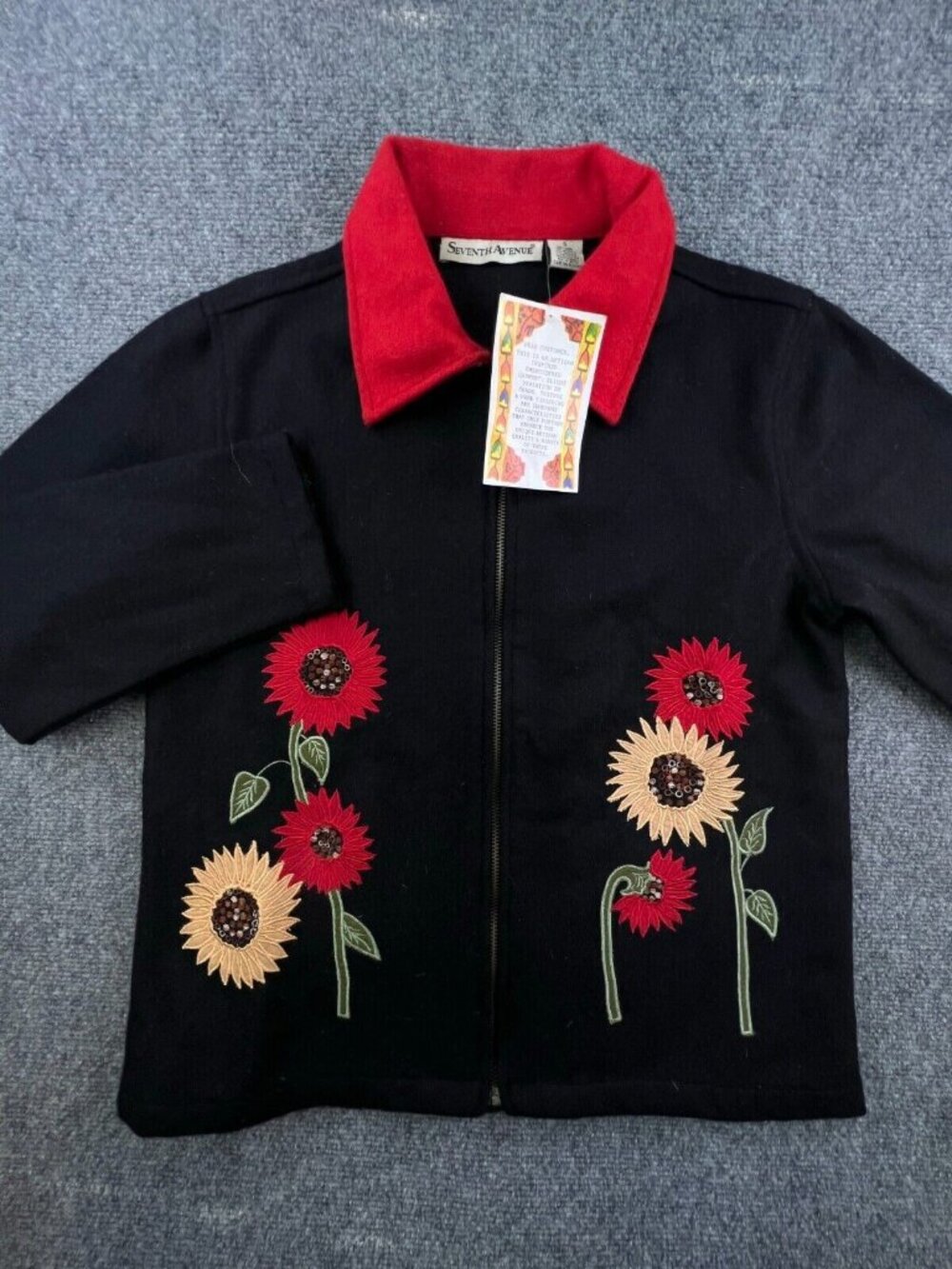 Seventh Avenue Wool Blend Coat Jacket Full Zip Small Floral Daisy Red Black NWT